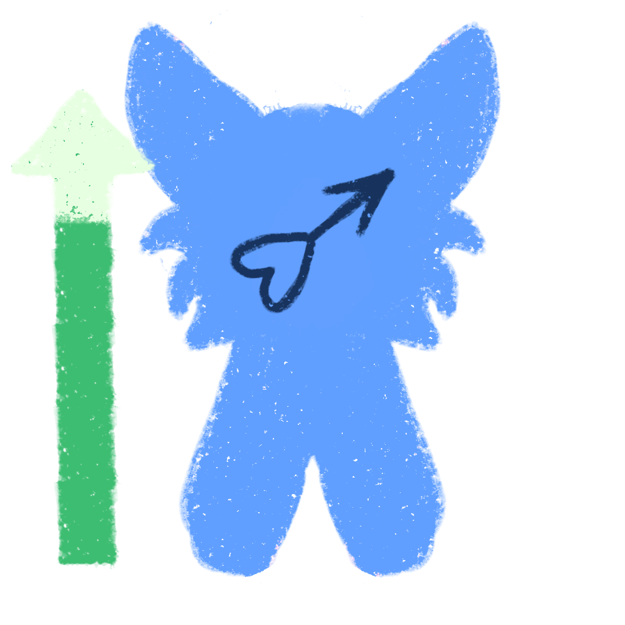 a simplified features a blue, rounded figure with large pointed ears resembling a stylized animal or plush toy. A heart-like symbol with a arrow on top, indicating masculinity, is drawn on the face,  A green arrow points upwards indicating an older age.